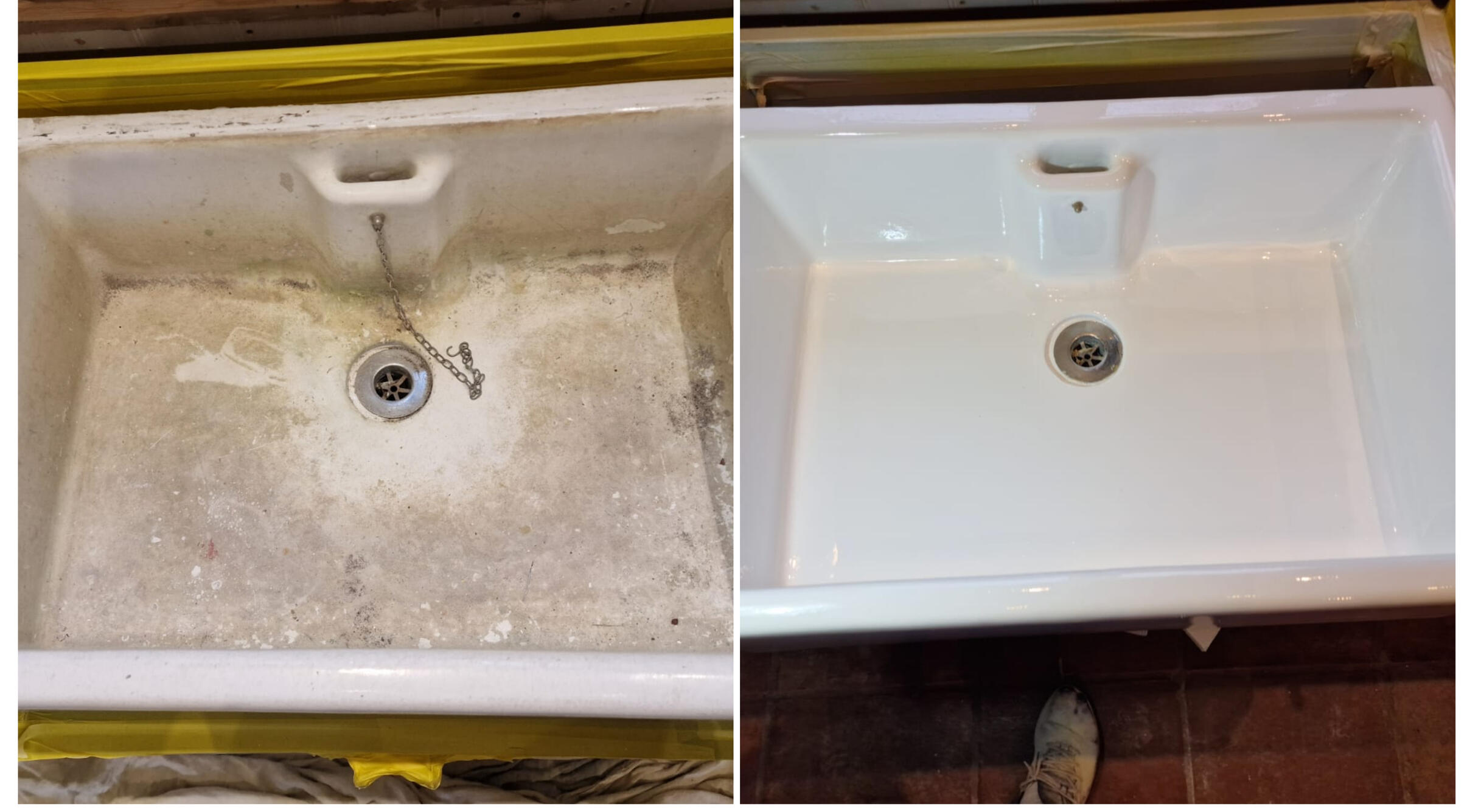 BEFORE AND AFTER PHOTOS OF A KITCHEN CERAMIC BELFAST SINK, WAS DAMAGED AND FULL OF CHIPS, FULLY RESORED TO A LIKE NEW FINISH IN Poole