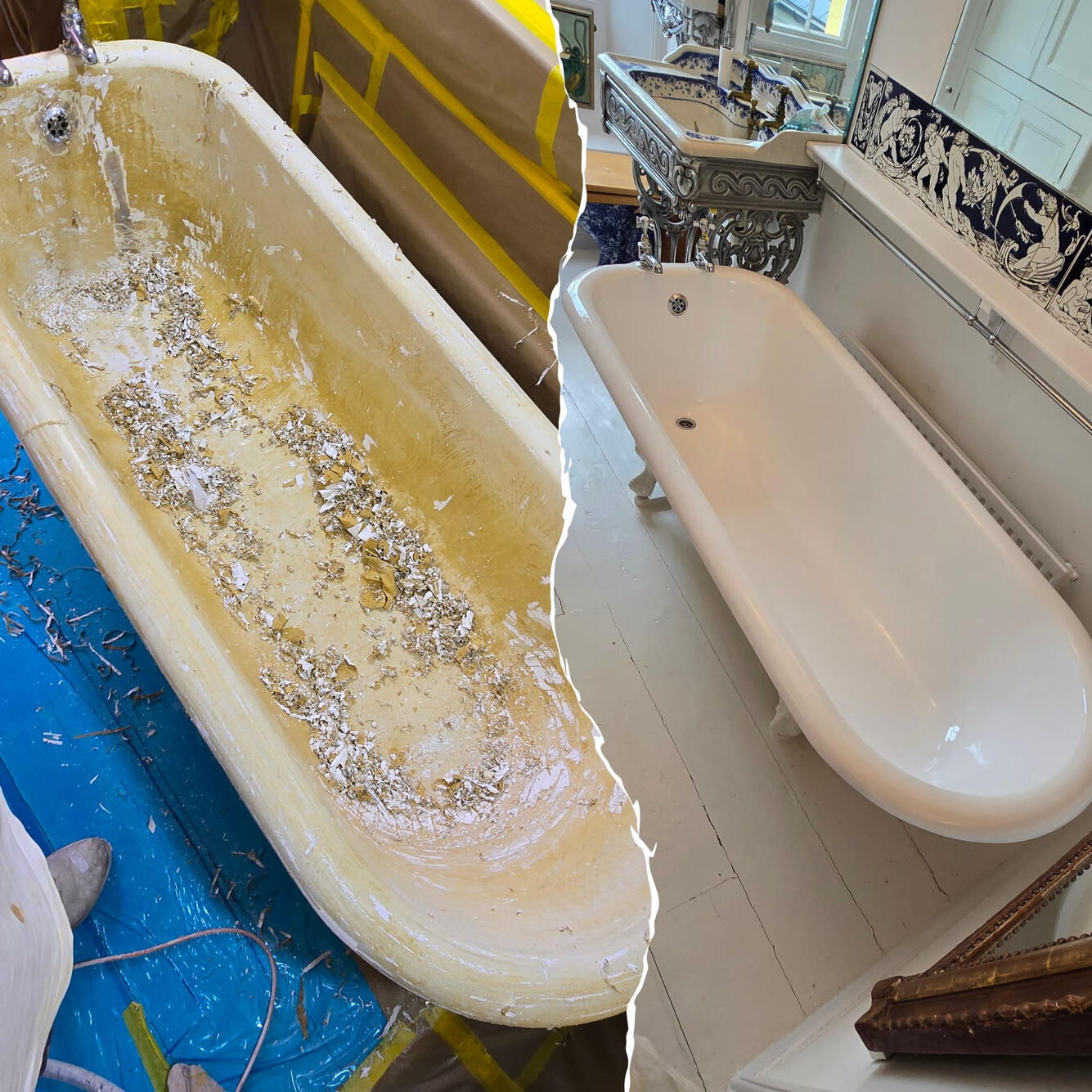 Before and after Victorian cast iron roll top bath re-enamelling in Southbourne, Bournemouth