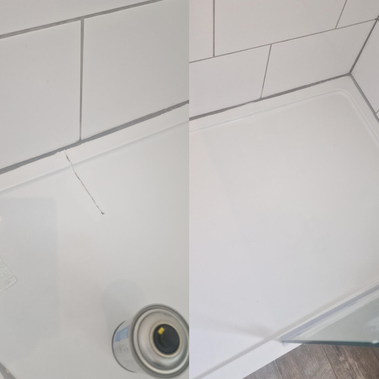 Before and after stone resin shower tray crack repair in Winton, Bournemouth