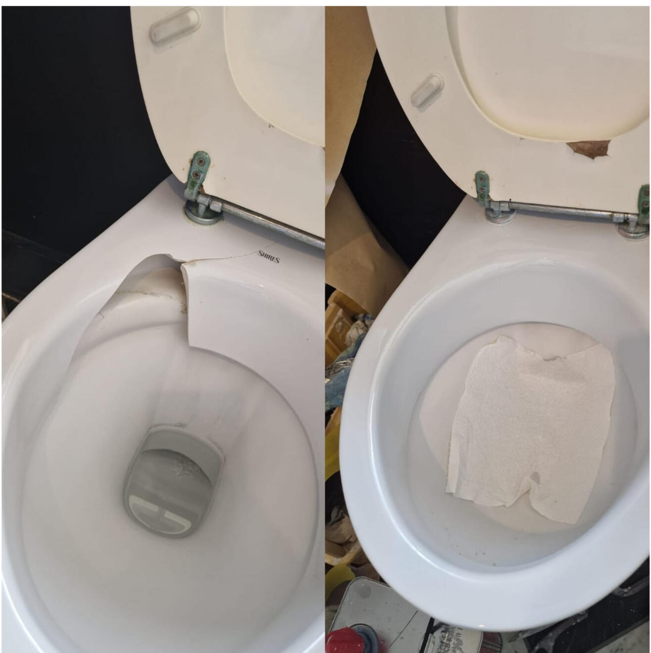 before and after pictures of a ceramic toilet crack repair in a pub in the center of Bournemouth