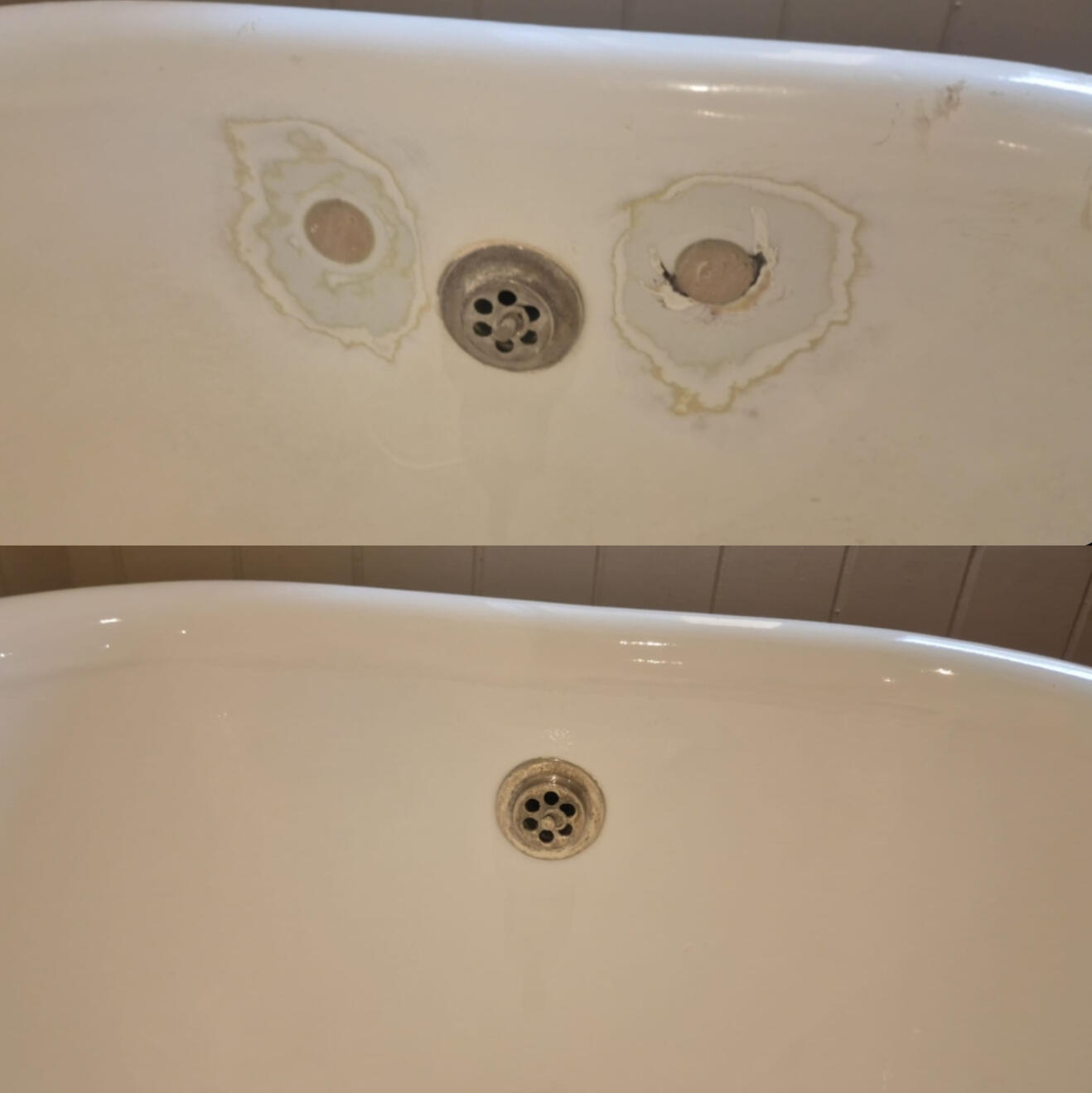 Before and after cast iron bath tap holes filled and repaired in Bournemouth