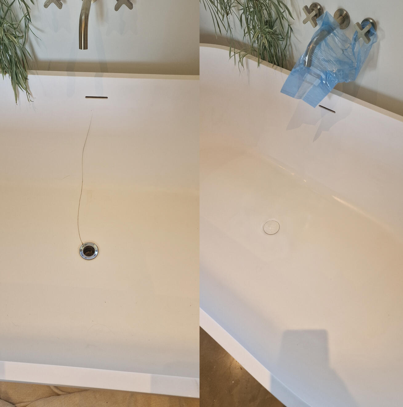 before and after pictures of a stone resin acrylic bath crack repair Reinforced stone resin bath crack repair in Westbourne, Bournemouth