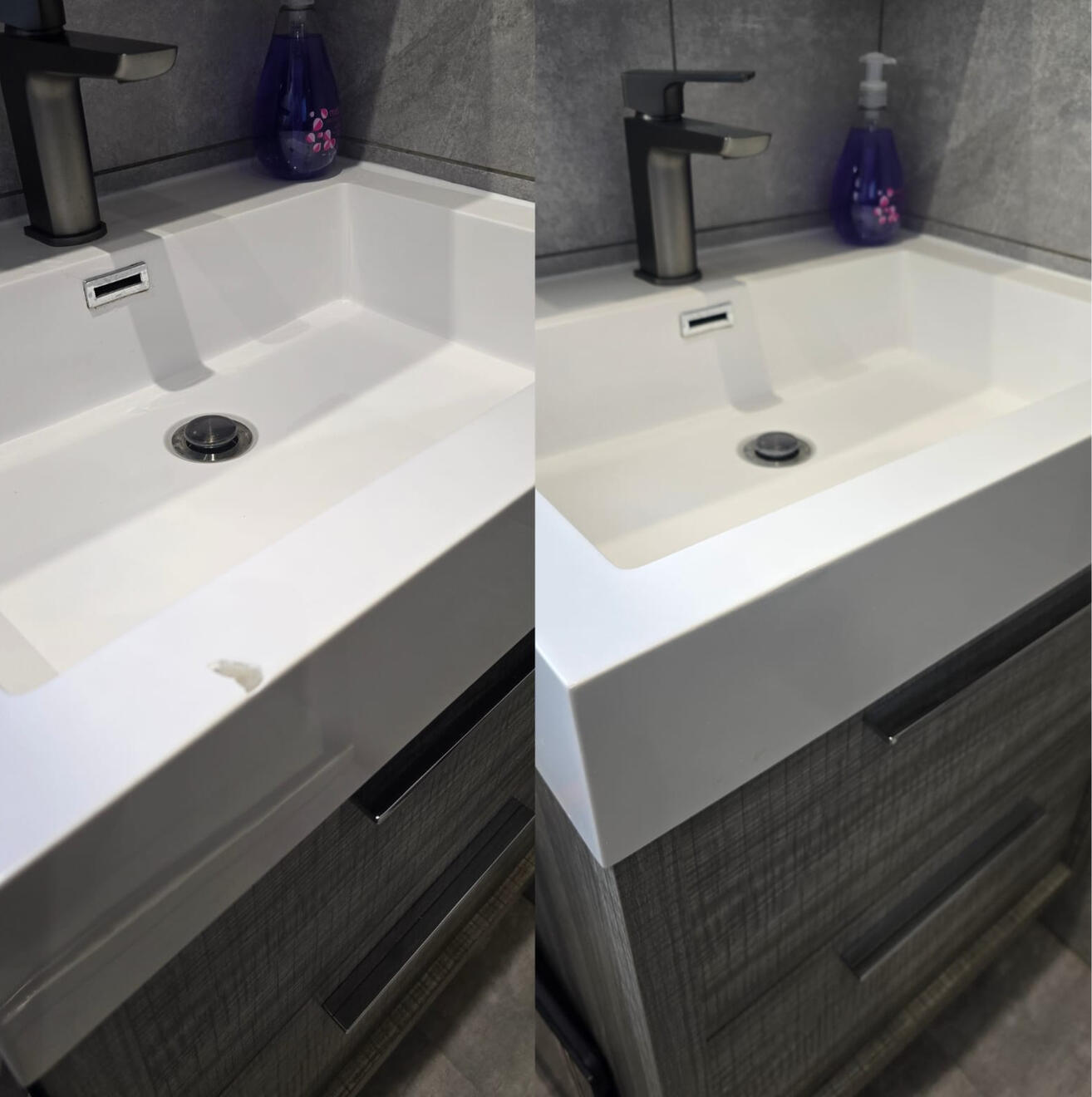 Before and after composite bathroom basin chip repair in Boscombe, Bournemouth