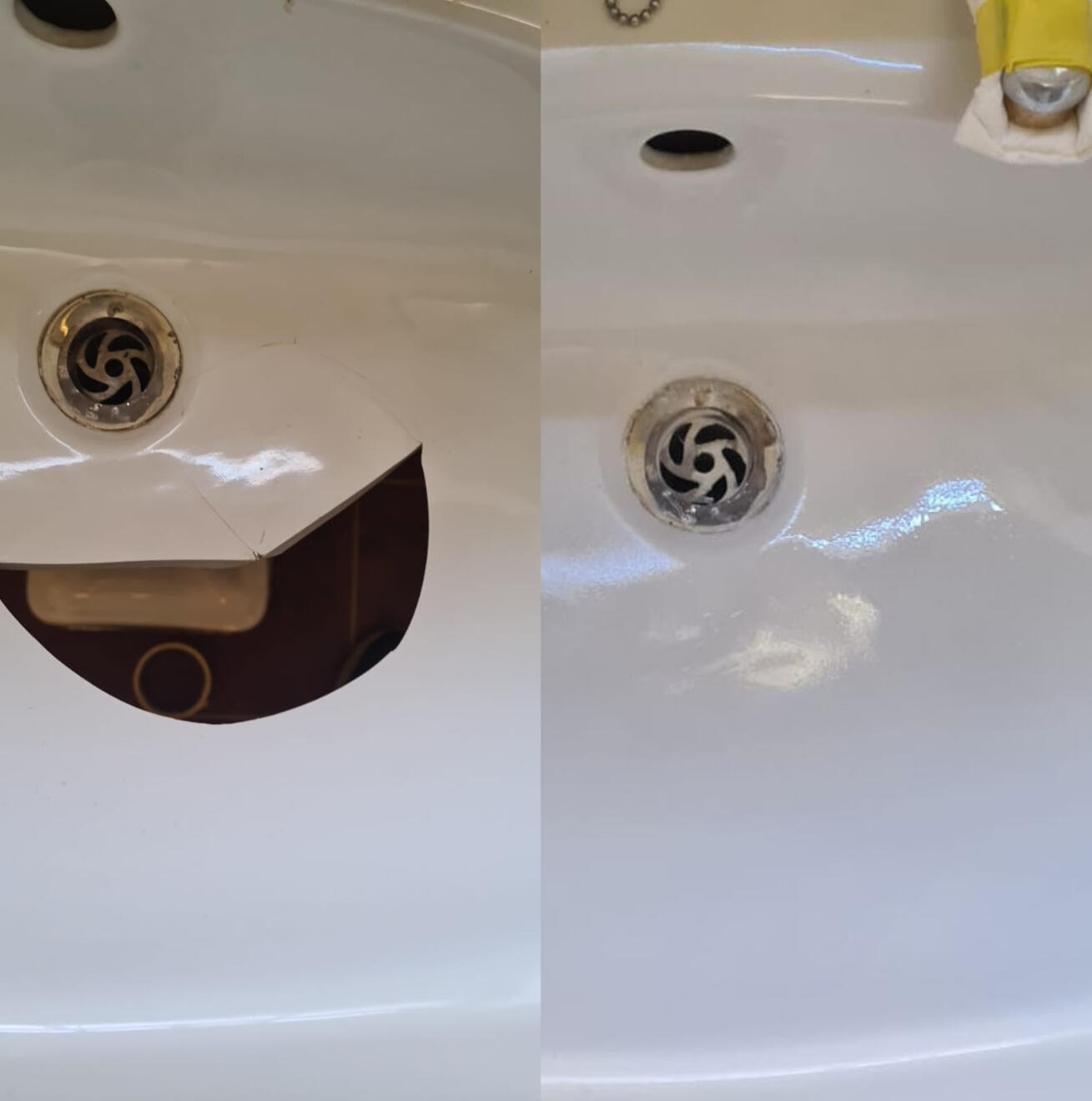 Before and after ceramic sink crack repair in Boscombe, Bournemouth